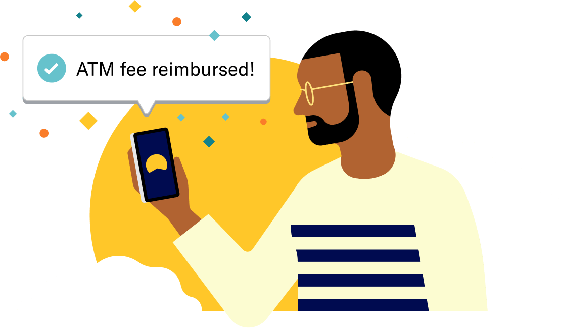 Man getting a notification from the Crestwood Capital Management app on his phone that his ATM fee has been reimbursed.